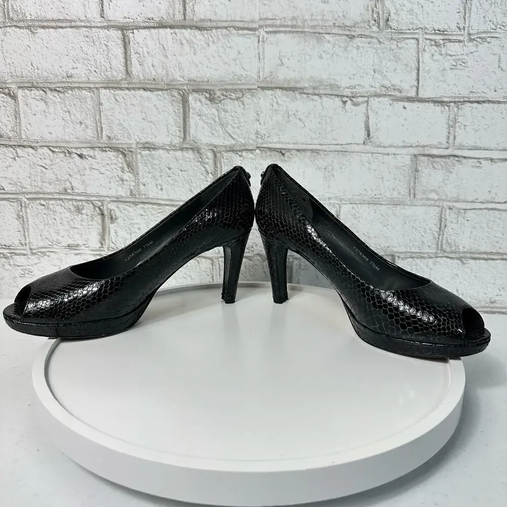 Stuart Weitzman Heels Leather Croc Snake Pattern Patent Peep Toe Pump Black 7.5